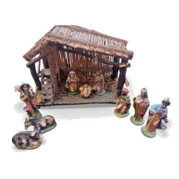Vintage Nativity Set Handmade Wood Stable Made in Italy 9 Figures - Picture 1 of 14